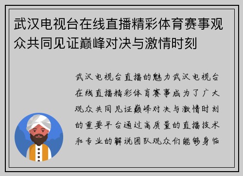 武汉电视台在线直播精彩体育赛事观众共同见证巅峰对决与激情时刻